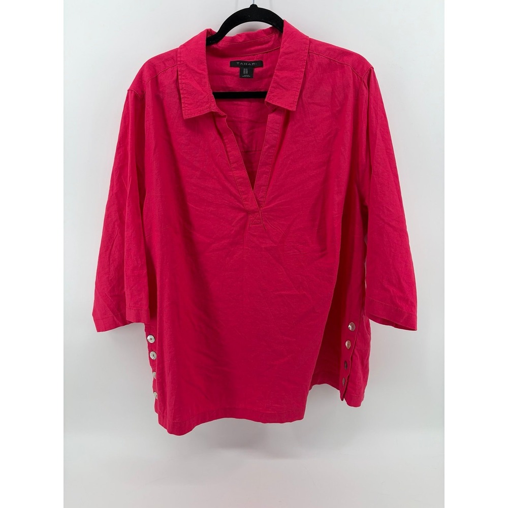 Tahari, Linen Blend, Popover Blouse Tunic Hot Pink, 3/4 Sleeve, Split Neck, 1X